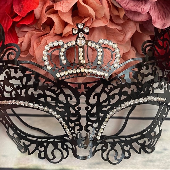 Black Metal and Crystal Venetian Masquerade Mask - Picture 10 of 16